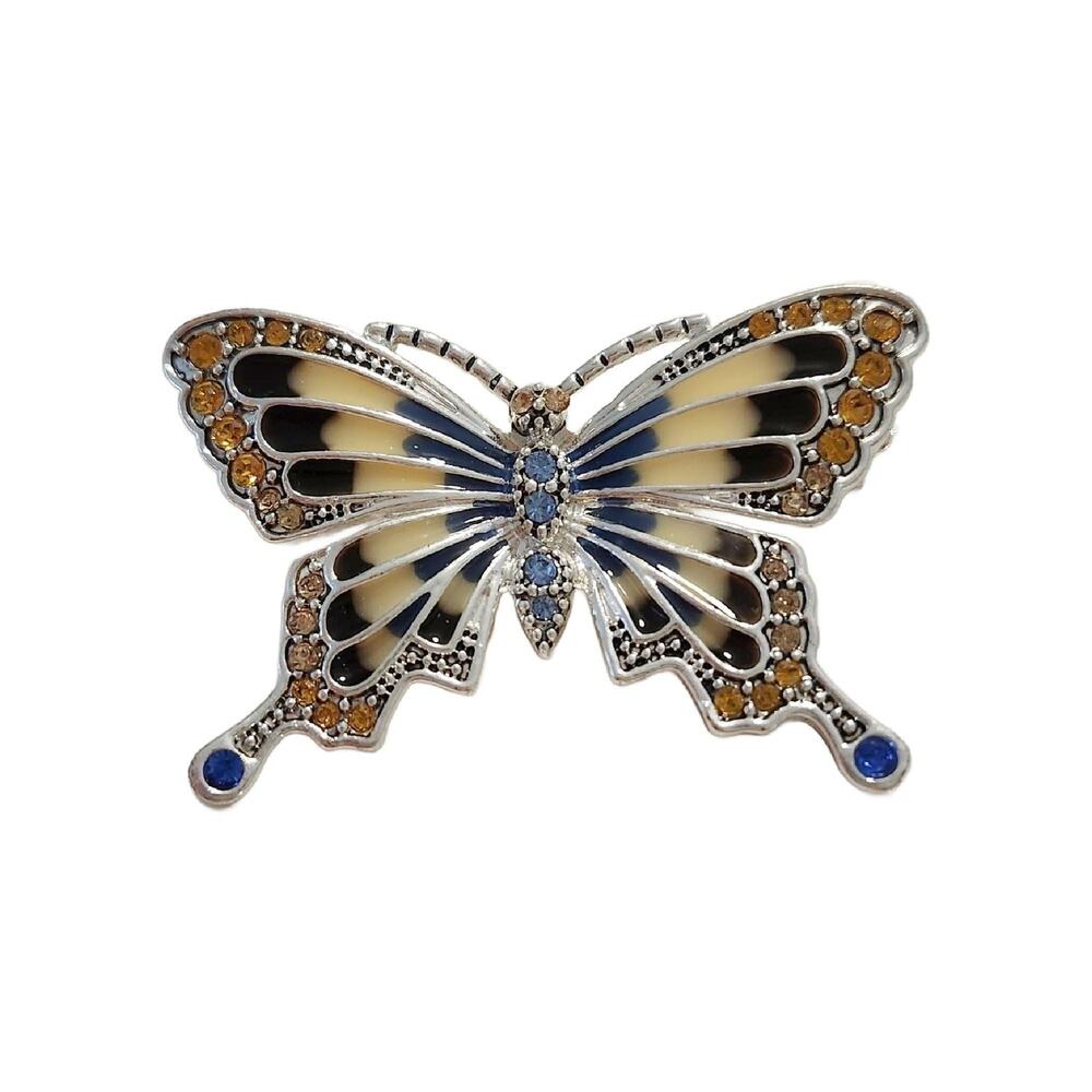 Vintage Monet Cloisonne Crystal Enamel Butterfly Brooch, 1.75" Wide